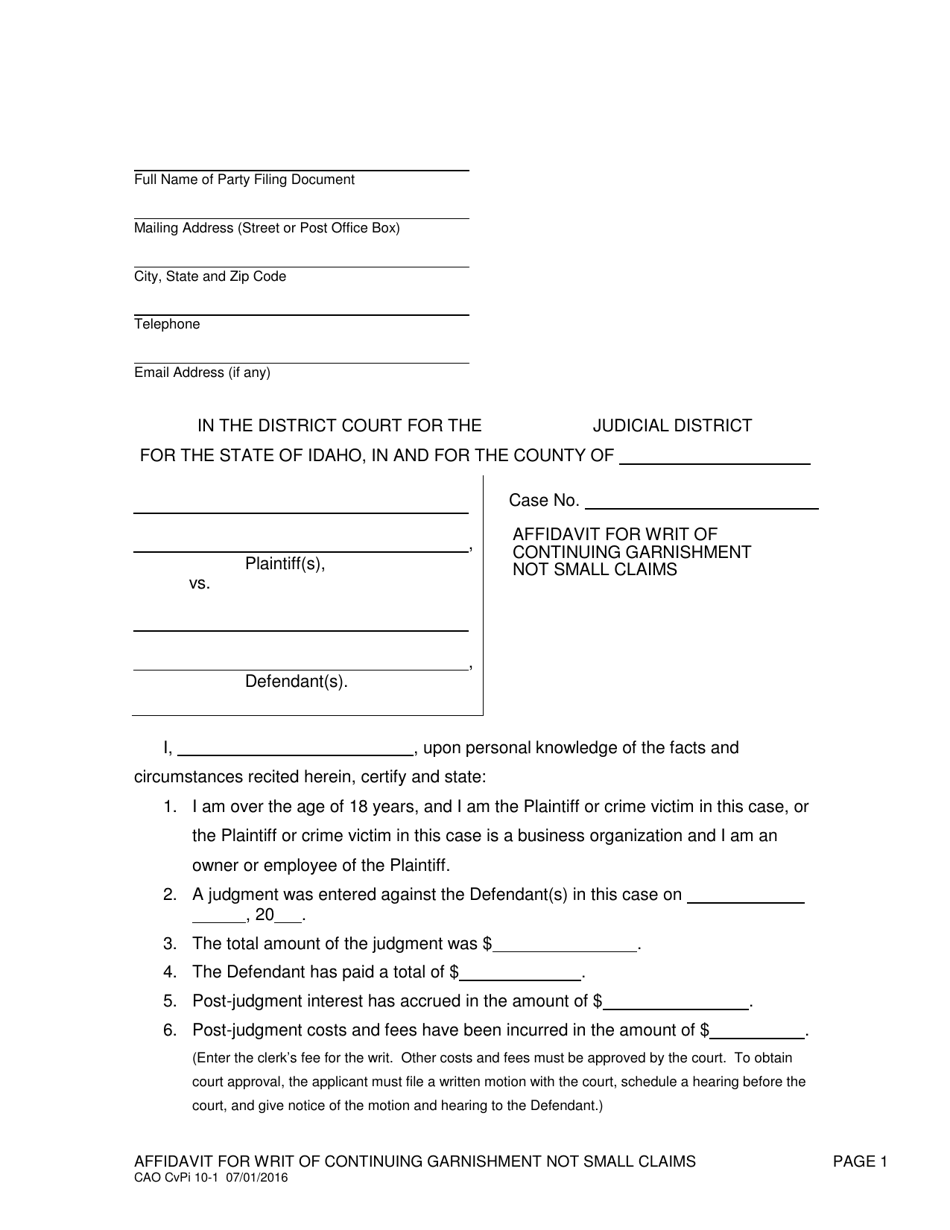 Form CAO CvPi10-1 Clerk's Notice of Filing of Foreign Judgment - Idaho, Page 1