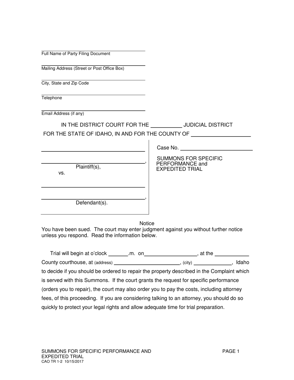 Form CAO TR1-2 Summons for Specific Performance and Expedited Trial - Idaho, Page 1