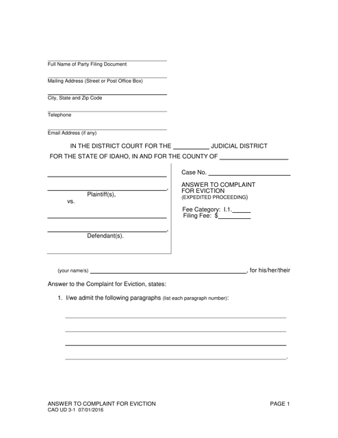 Form CAO UD3-1 Answer to Complaint for Eviction (Expedited Proceeding) - Idaho