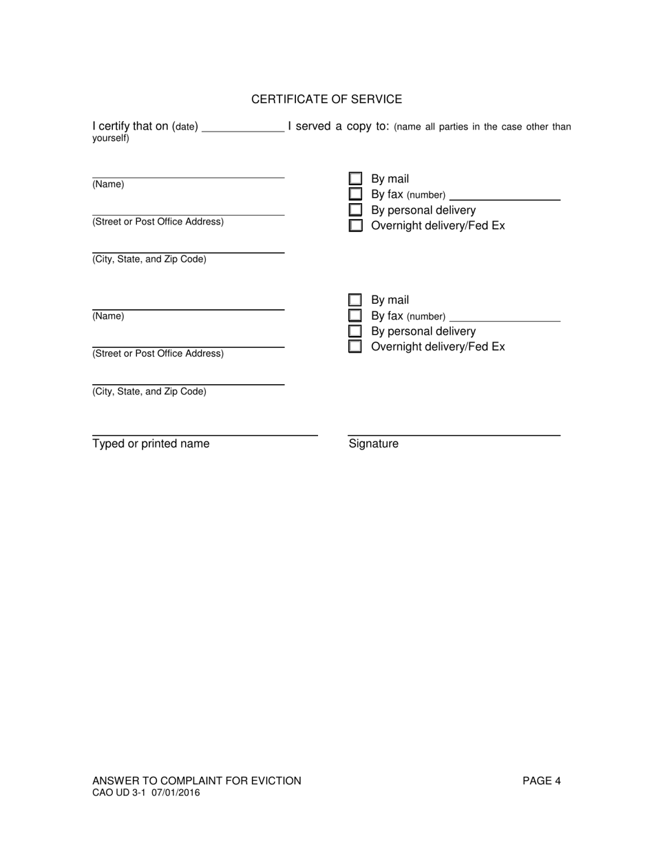 Form CAO UD3-1 Answer to Complaint for Eviction (Expedited Proceeding) - Idaho, Page 4