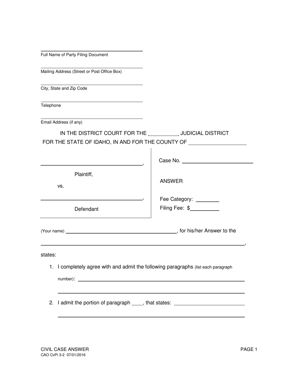 Form CAO CvPi3-2 Civil Case Answer - Idaho, Page 1