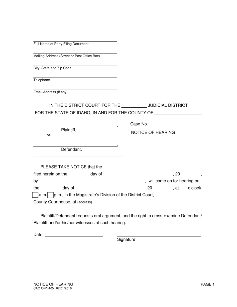 Form CAO CvPi4-2X Notice of Hearing - Idaho, Page 1