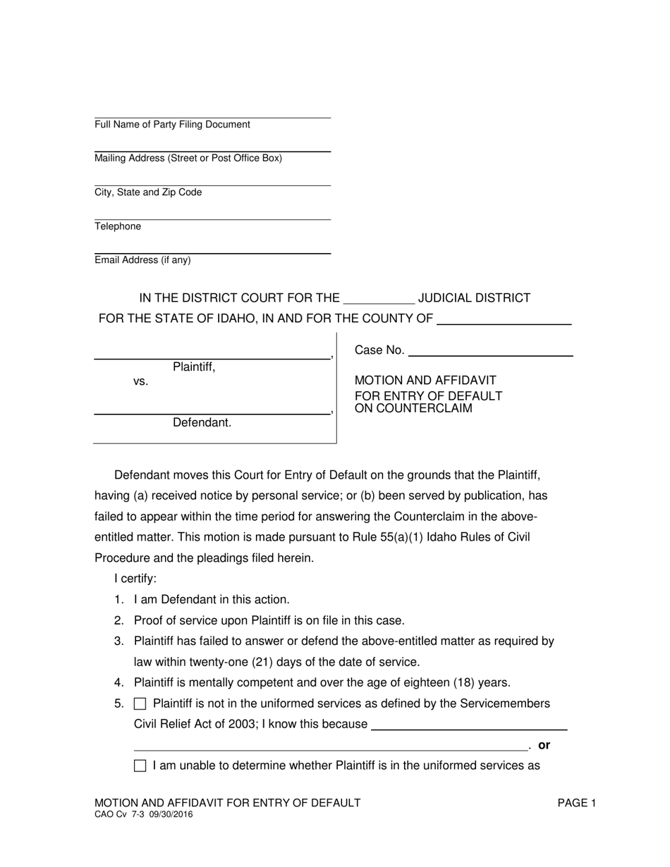Form CAO Cv7-3 Motion and Affidavit for Entry of Default on Counterclaim - Idaho, Page 1