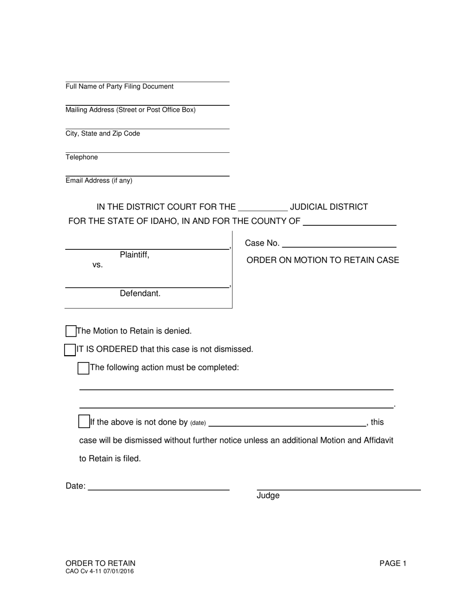 Form CAO Cv4-11 Order on Motion to Retain Case - Idaho, Page 1