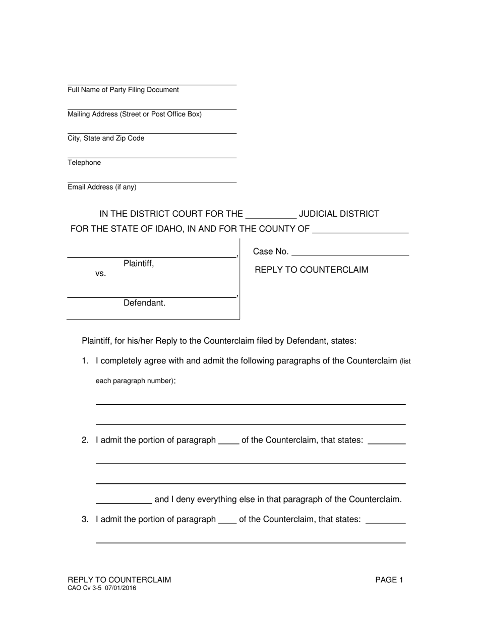 Form CAO Cv3-5 Reply to Counterclaim - Idaho, Page 1