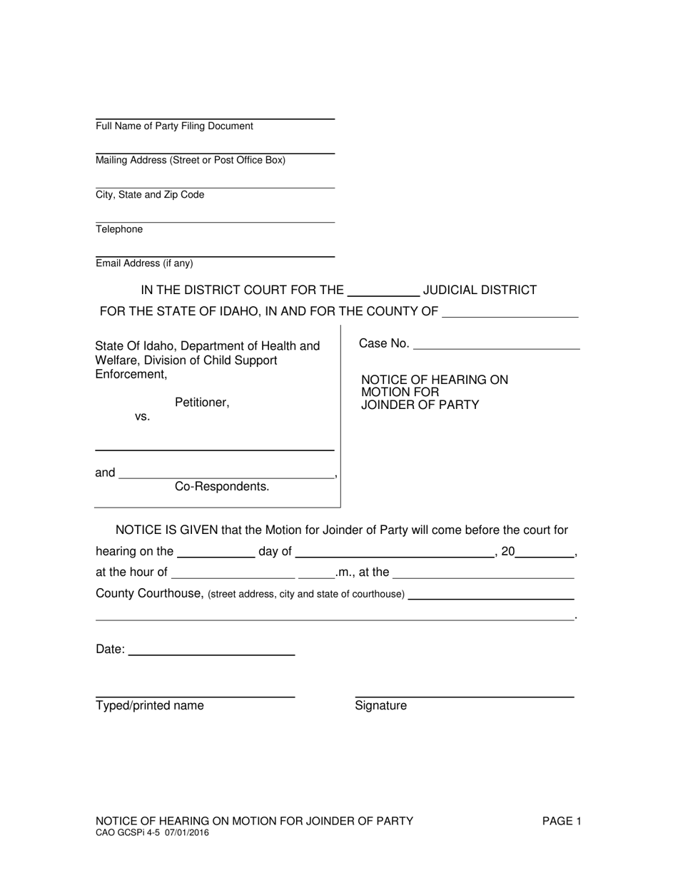 Form CAO GCSPi4-5 Notice of Hearing on Motion for Joinder of Party - Idaho, Page 1