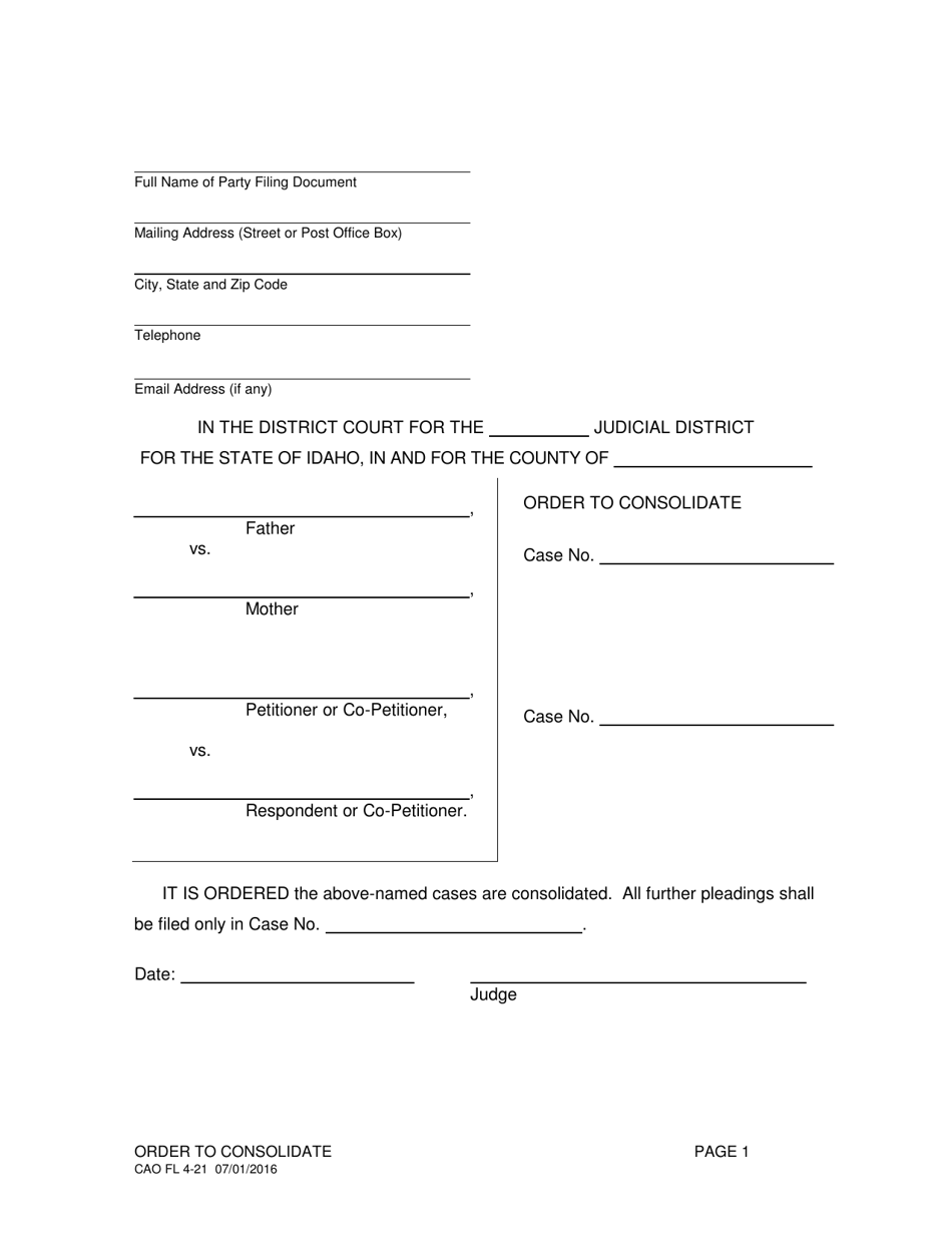 Form CAO FL4-21 Order to Consolidate - Idaho, Page 1