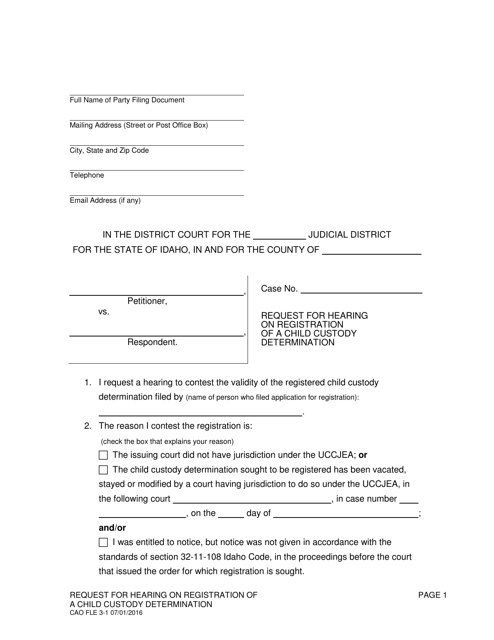 Form CAO FLE3-1 Request for Hearing on Registration of a Child Custody Determination - Idaho