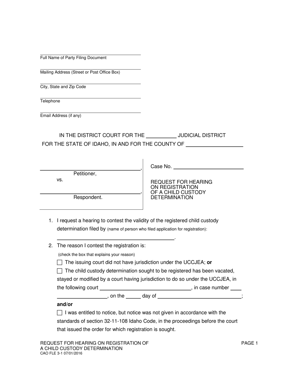 Form CAO FLE3-1 Request for Hearing on Registration of a Child Custody Determination - Idaho, Page 1