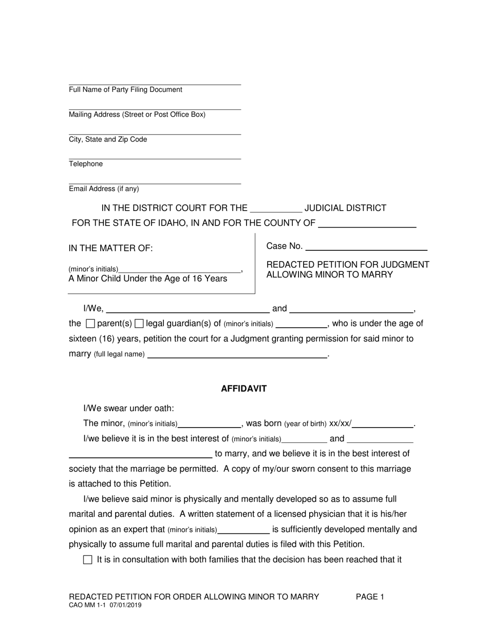 Form CAO MM1-1 Redacted Petition for Judgment Allowing Minor to Marry - Idaho, Page 1