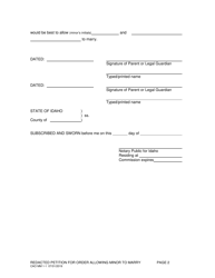 Form CAO MM1-1 &quot;Redacted Petition for Judgment Allowing Minor to Marry&quot; - Idaho, Page 2