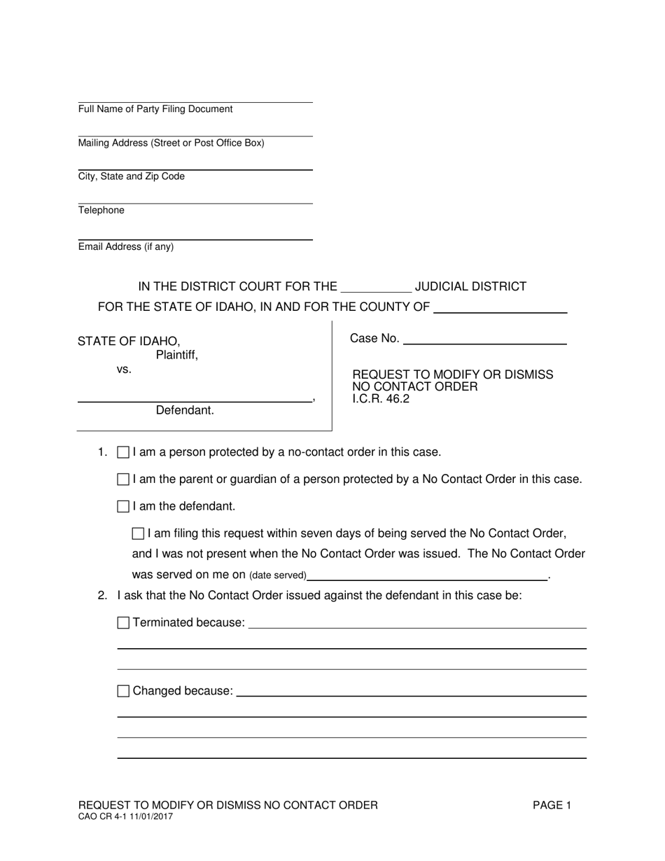 Form CAO CR4-1 Request to Modify or Dismiss No Contact Order - Idaho, Page 1