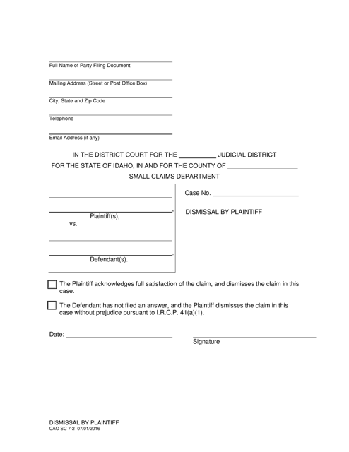Form CAO SC7-2 Dismissal by Plaintiff - Idaho