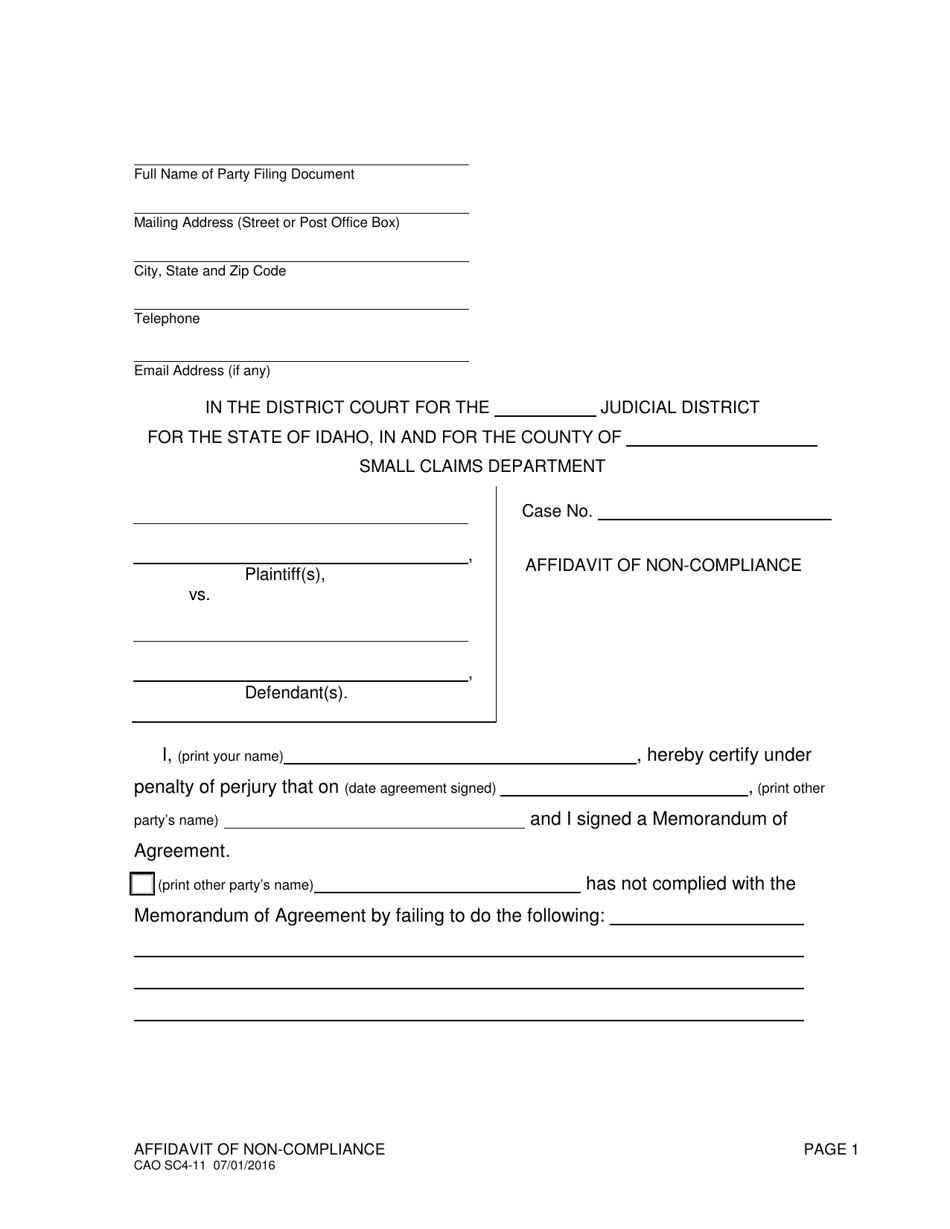 Form CAO SC4-11 Affidavit of Non-compliance - Idaho, Page 1