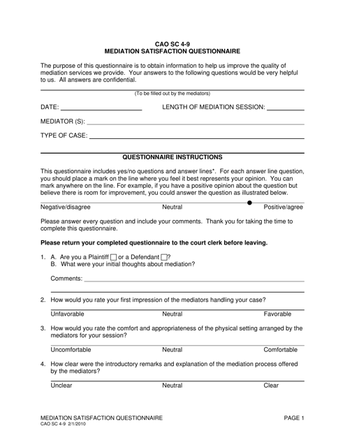 Form CAO SC4-9 Mediation Satisfaction Questionnaire - Idaho