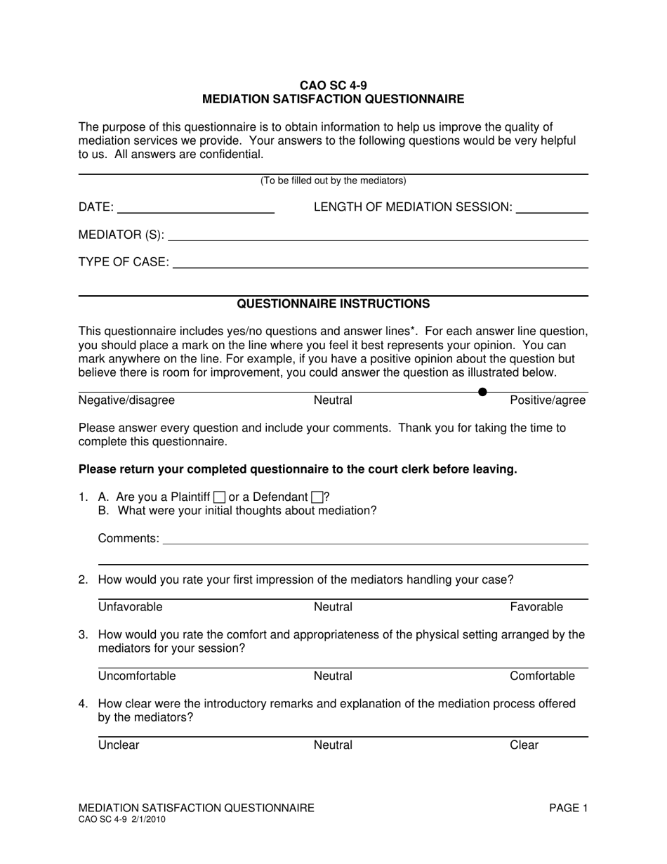 Form CAO SC4-9 Mediation Satisfaction Questionnaire - Idaho, Page 1