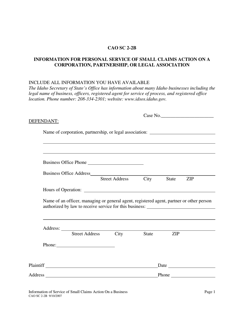 Form CAO SC2-2B Information for Personal Service of Small Claims Action on a Corporation, Partnership, or Legal Association - Idaho, Page 1