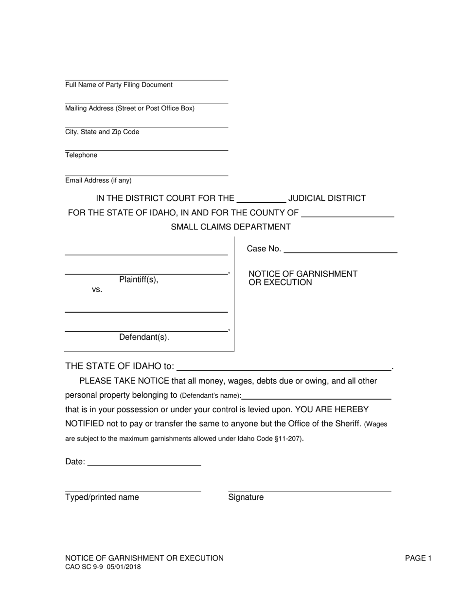 Form CAO SC9-9 Notice of Garnishment or Execution - Idaho, Page 1