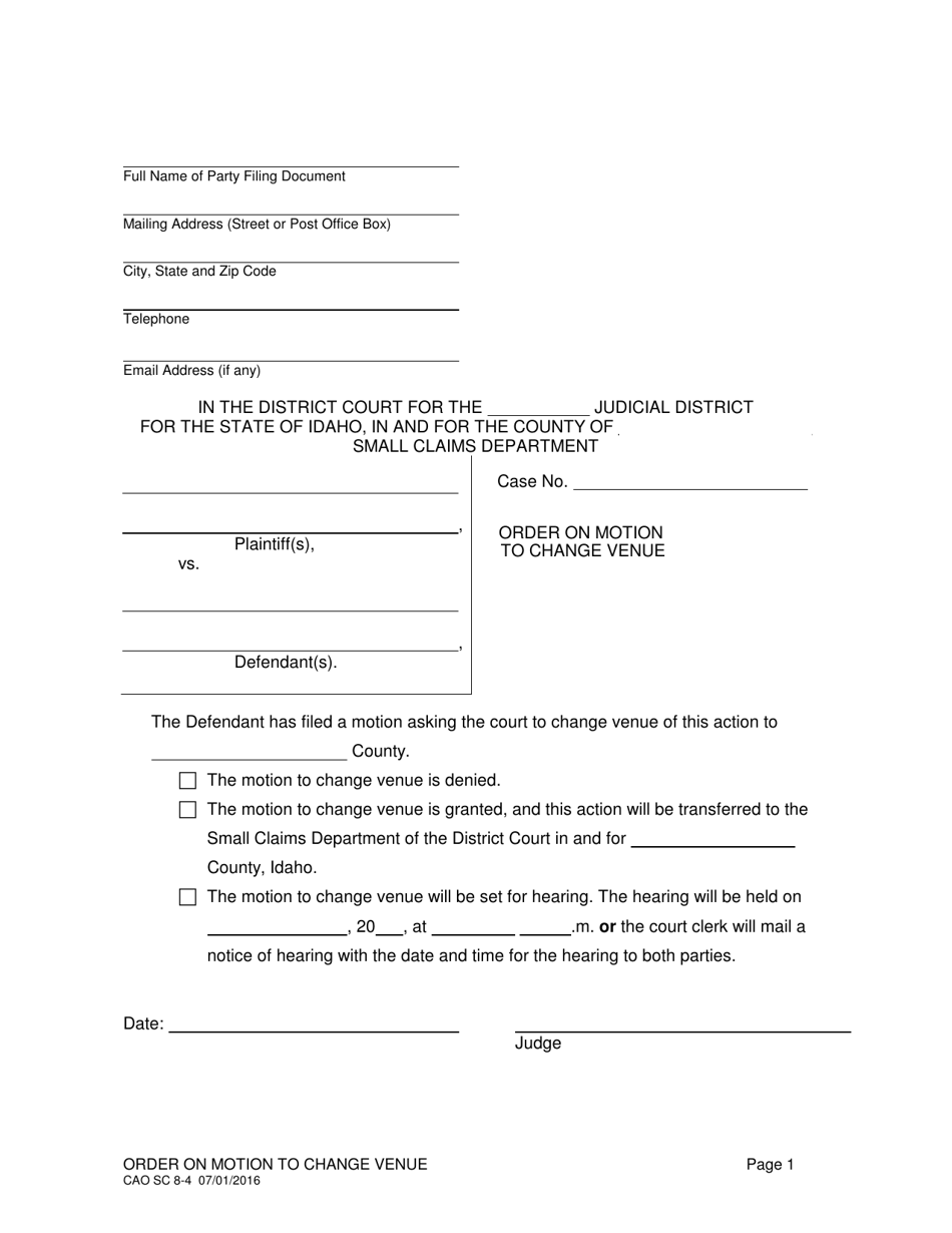 Form CAO SC8-4 Order on Motion to Change Venue - Idaho, Page 1
