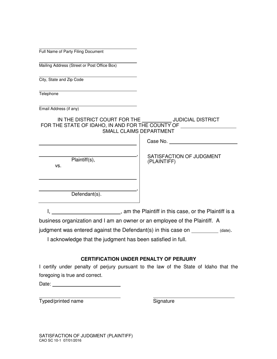 Form CAO SC10-1 Satisfaction of Judgment (Plaintiff) - Idaho, Page 1