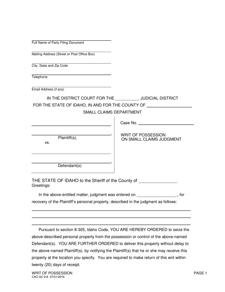 Form CAO SC9-8 Writ of Possession on Small Claims Judgment - Idaho, Page 1