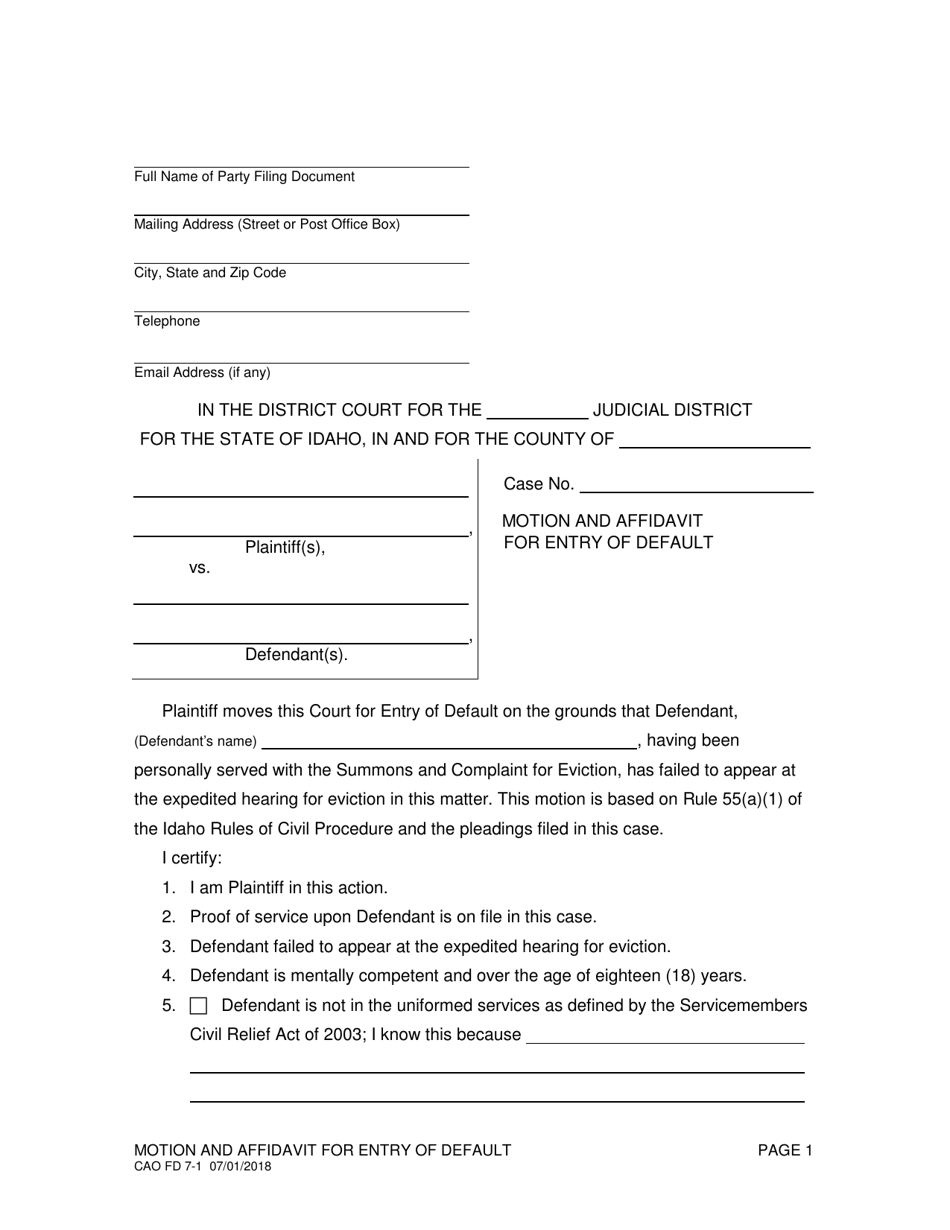 Form CAO FD7-1 Motion and Affidavit for Entry of Default - Idaho, Page 1