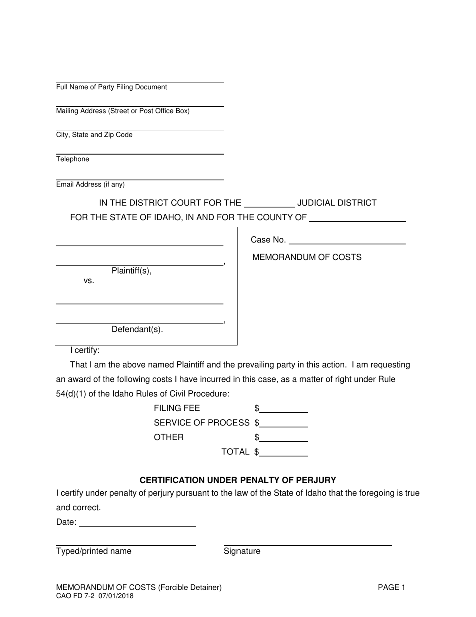 Form CAO FD7-2 Download Printable PDF or Fill Online Memorandum of ...