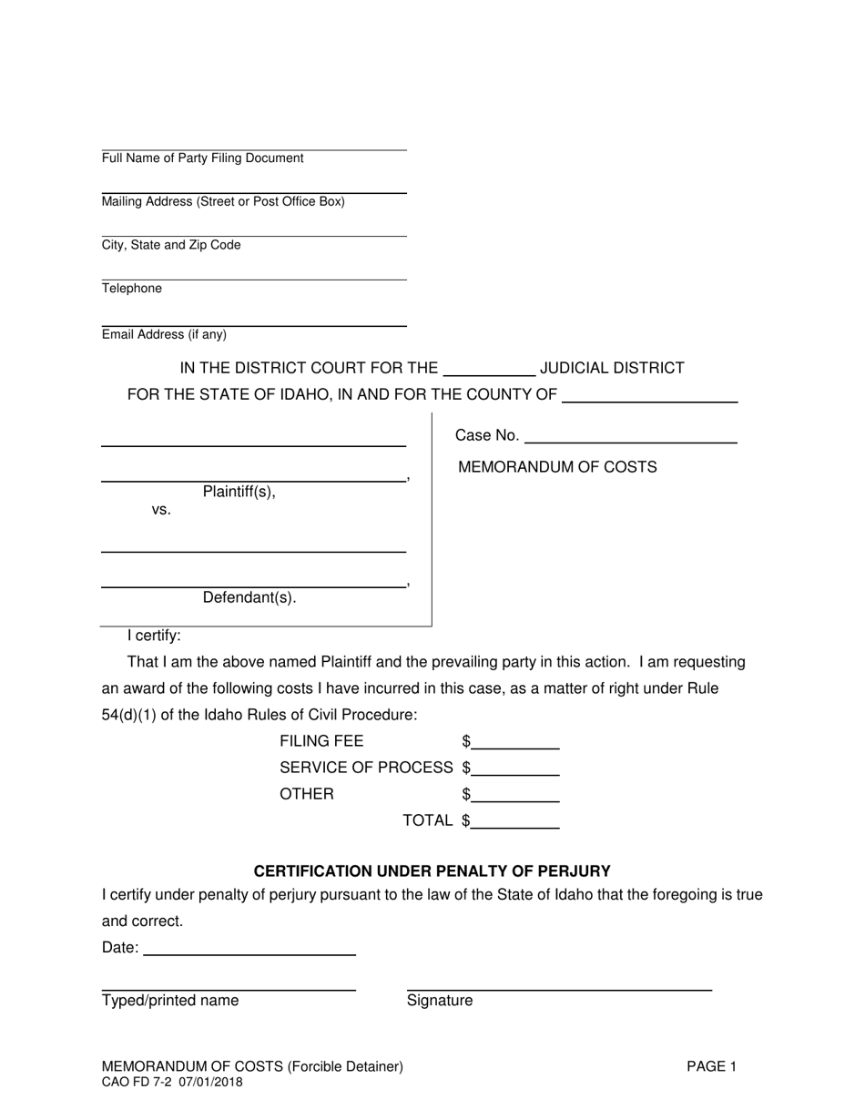 Form CAO FD7-2 Memorandum of Costs - Idaho, Page 1