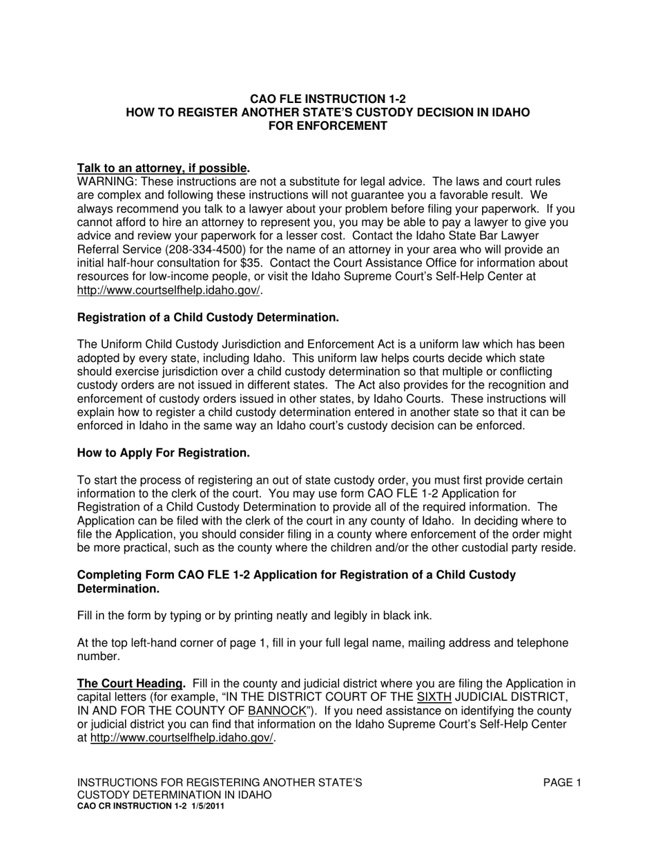 Instructions for Form CAO FLE1-2 Application for Registration of a Child Custody Determination - Idaho, Page 1