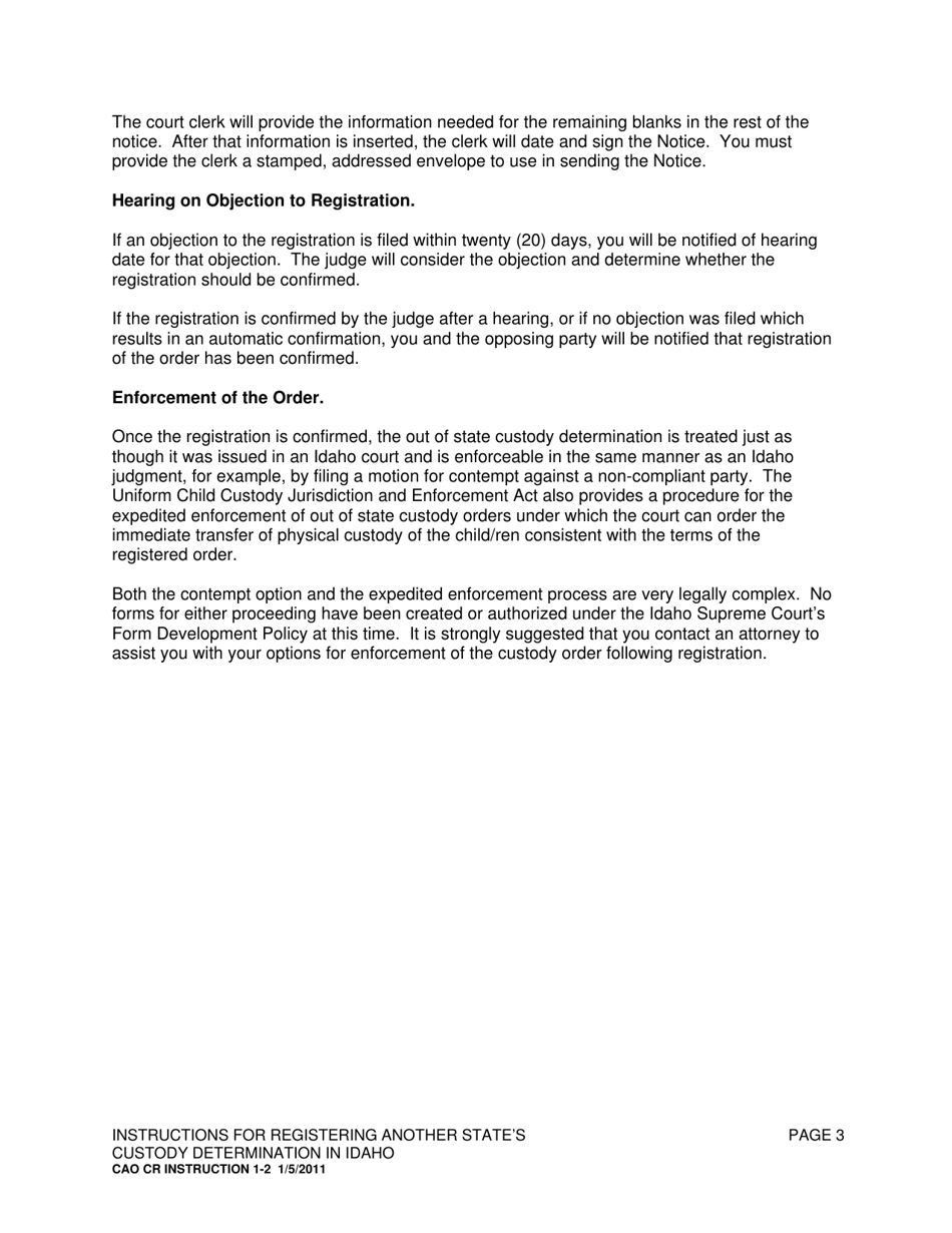 Instructions for Form CAO FLE1-2 Application for Registration of a Child Custody Determination - Idaho, Page 3
