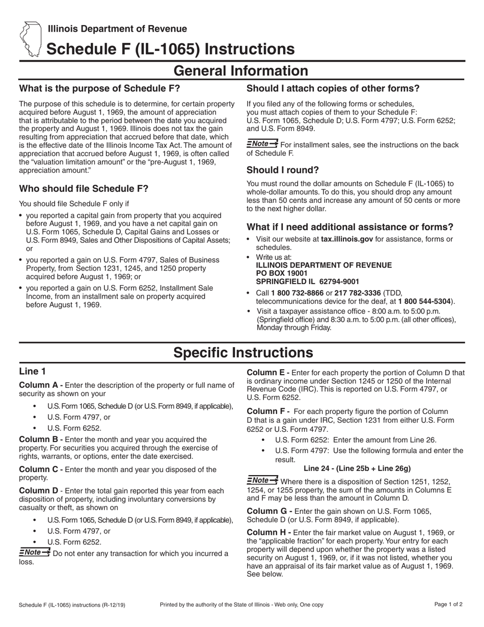 Instructions for Form IL-1065 Schedule F Gains From Sales or Exchanges of Property Acquired Before August 1, 1969 - Illinois, Page 1