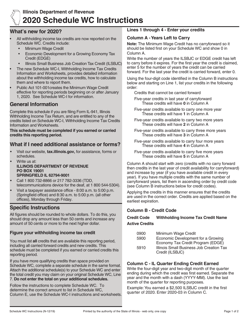 Instructions for Schedule WC Withholding Income Tax Credits - Illinois, Page 1