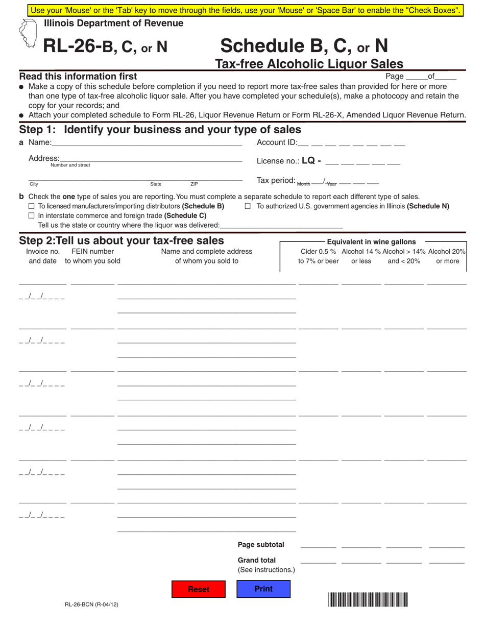 Form RL-26 Schedule B, C, N Tax-Free Alcoholic Liquor Sales - Illinois, Page 1