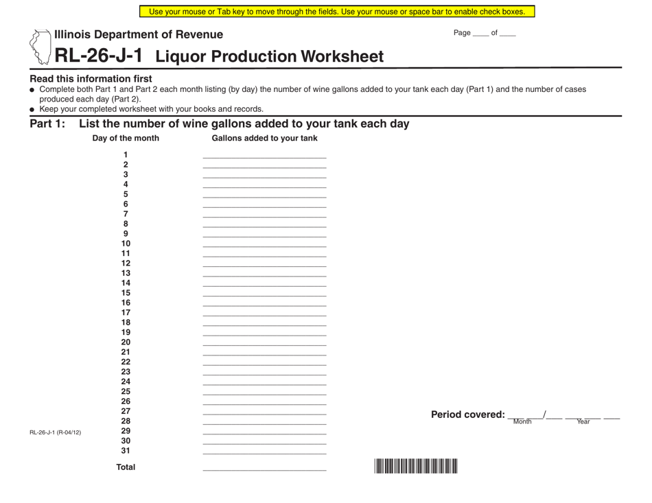 Form RL-26-J-1 Liquor Production Worksheet - Illinois, Page 1