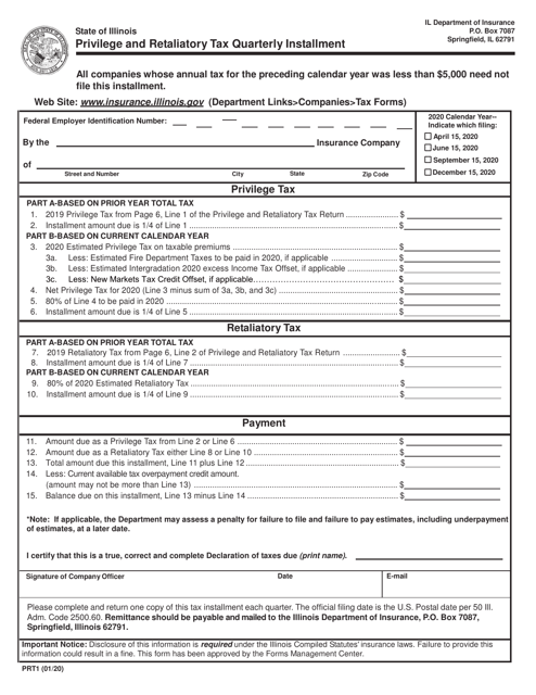 Form PRT1 Privilege and Retaliatory Tax Quarterly Installment - Illinois