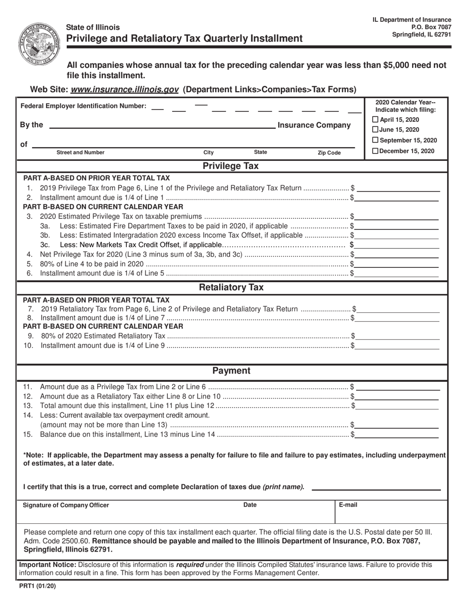 Form PRT1 Privilege and Retaliatory Tax Quarterly Installment - Illinois, Page 1