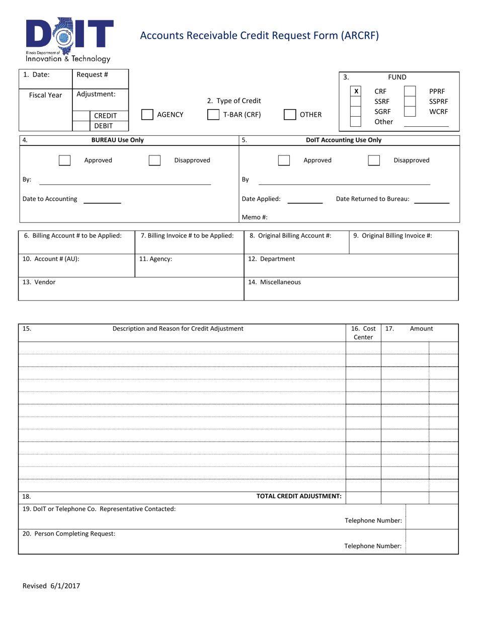 Accounts Receivable Credit Request Form (Arcrf) - Illinois, Page 1