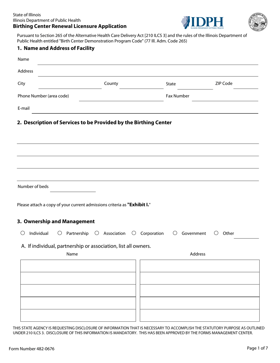 Form 482-0676 Birthing Center Renewal Licensure Application - Illinois, Page 1