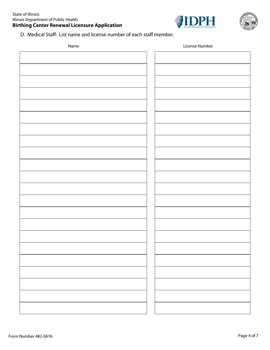 Form 482-0676 Birthing Center Renewal Licensure Application - Illinois, Page 4