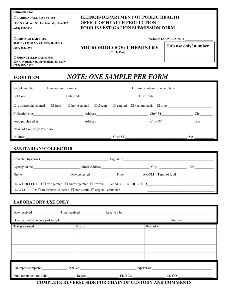 Form IL482-0657 Food Investigation Submission Form - Illinois, Page 1
