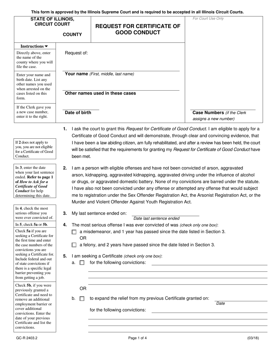 Form GC-R2403.2 Request for Certificate of Good Conduct - Illinois, Page 1