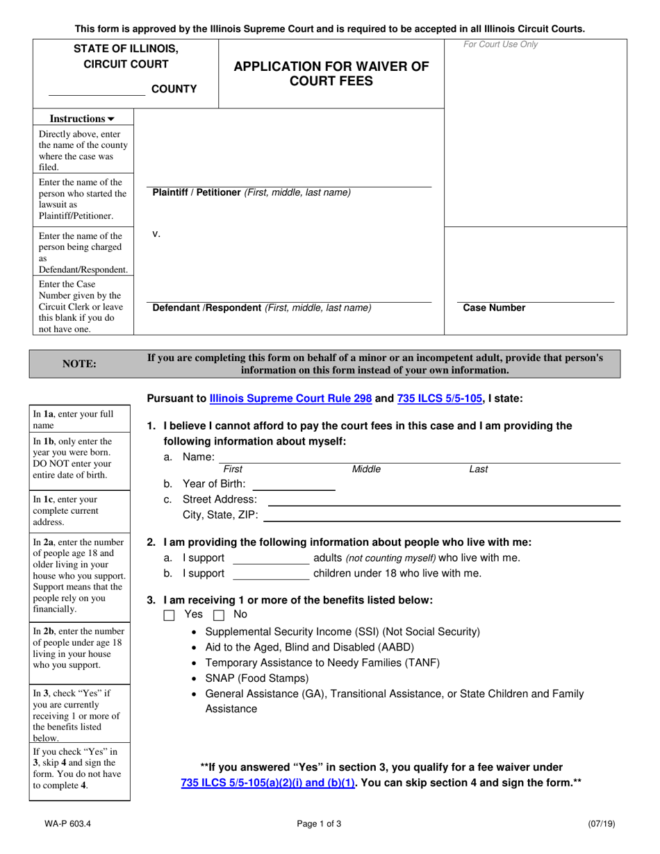 Form WA-P603.4 Application for Waiver of Court Fees - Illinois, Page 1