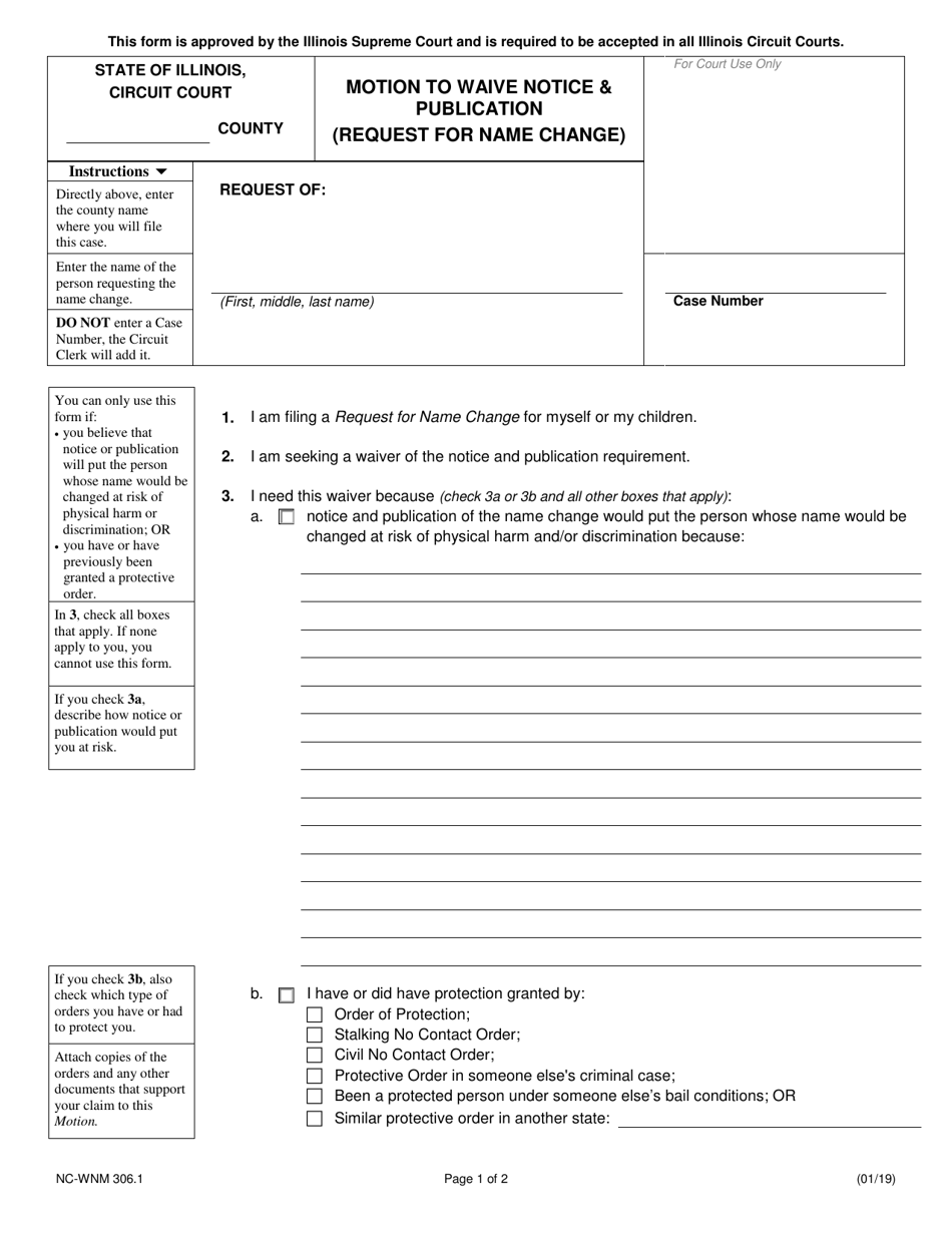 Form NC-WNM306.1 Motion to Waive Notice  Publication (Request for Name Change) - Illinois, Page 1
