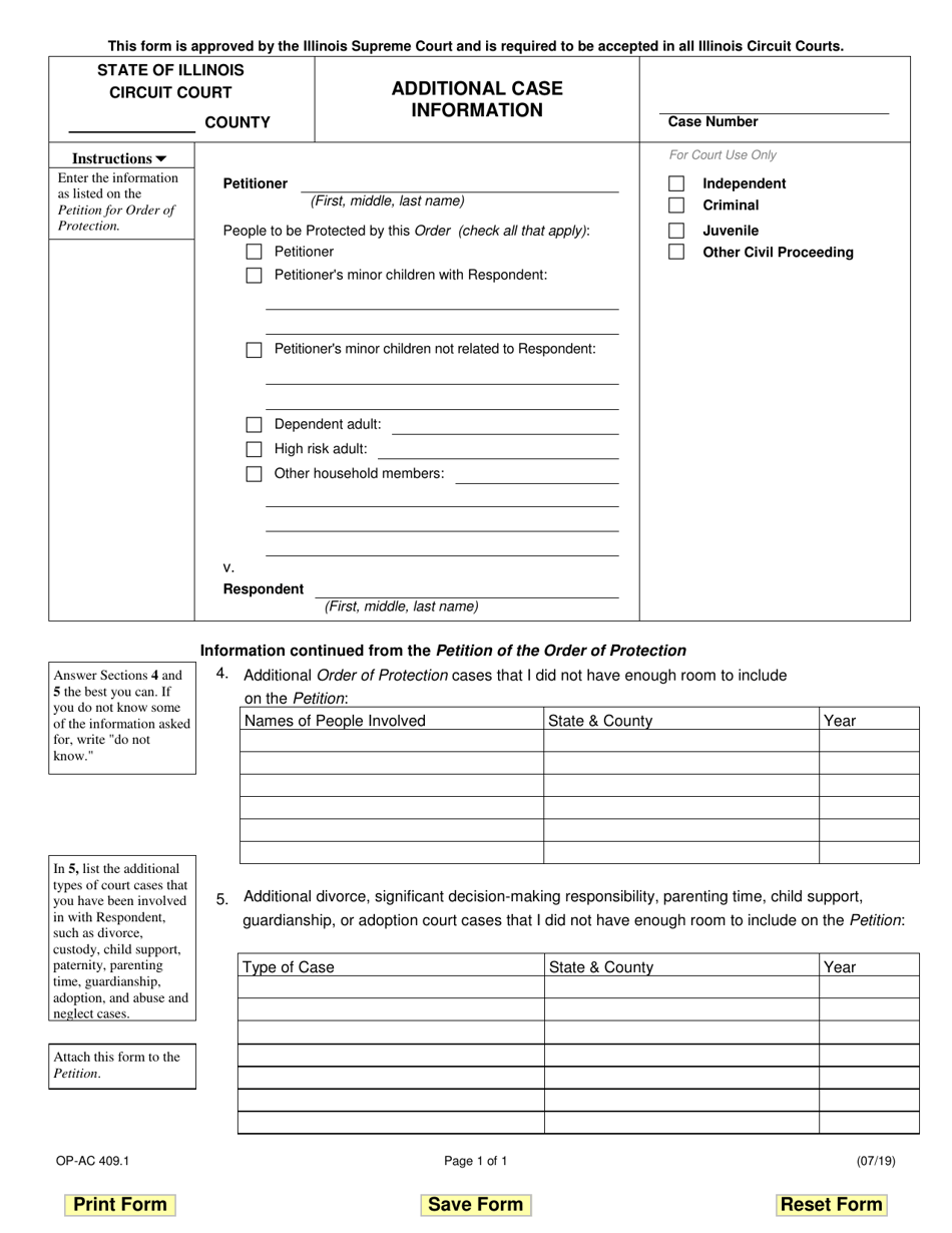 Form OP-AC409.1 Additional Case Information - Illinois, Page 1