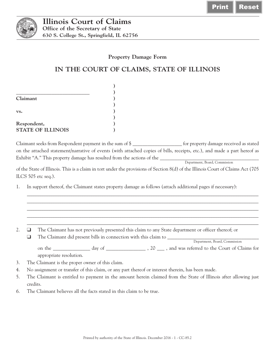 Form CC85 Property Damage Form - Illinois, Page 1