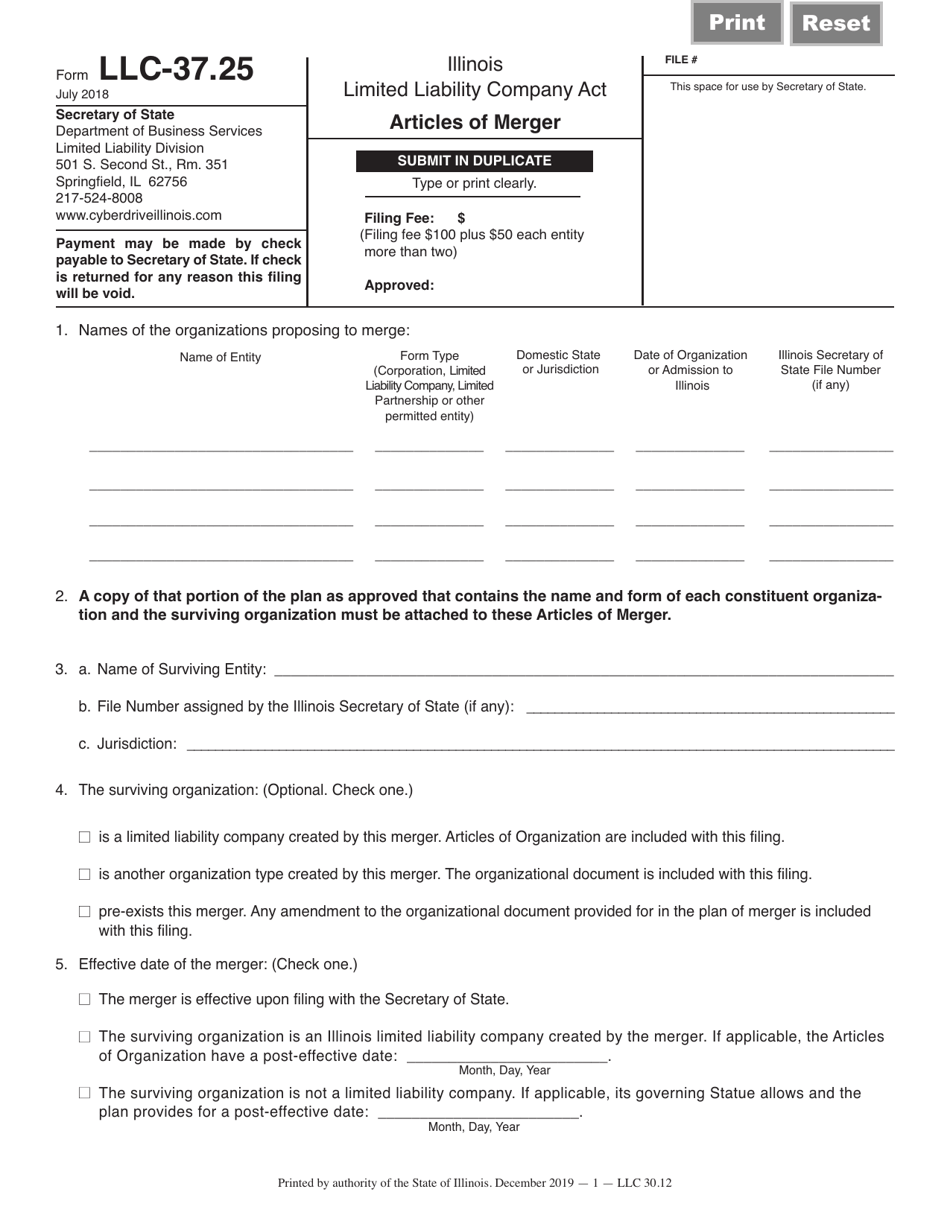 Form LLC-37.25 Articles of Merger - Illinois, Page 1