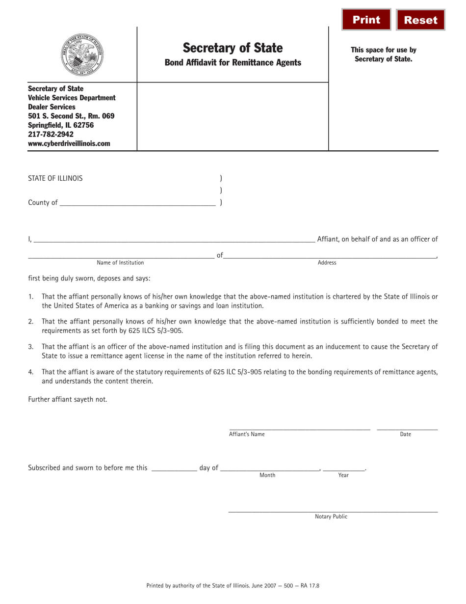 Form RA17 Bond Affidavit for Remittance Agents - Illinois, Page 1
