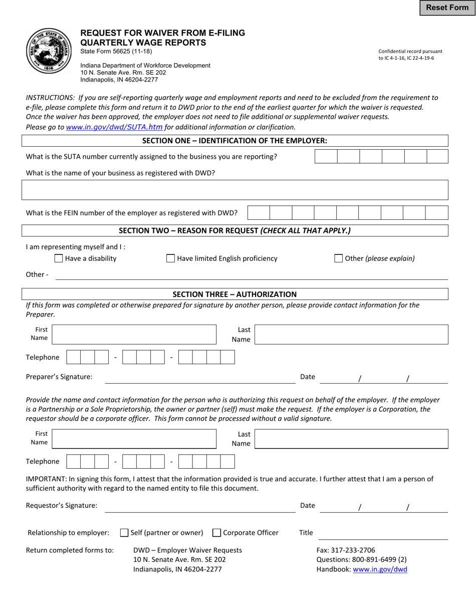 State Form 56625 Request for Waiver From E-Filing Quarterly Wage Reports - Indiana, Page 1