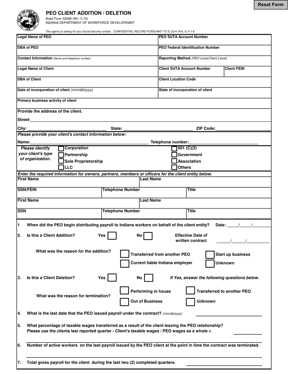State Form 52099 Peo Client Addition / Deletion - Indiana, Page 1
