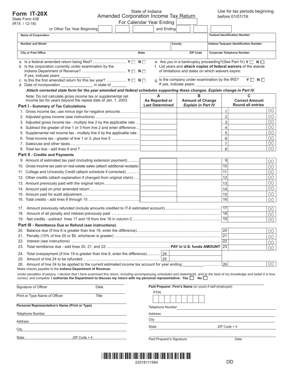 Form IT-20X (State Form 438) Amended Corporation Income Tax Return - Indiana, Page 2